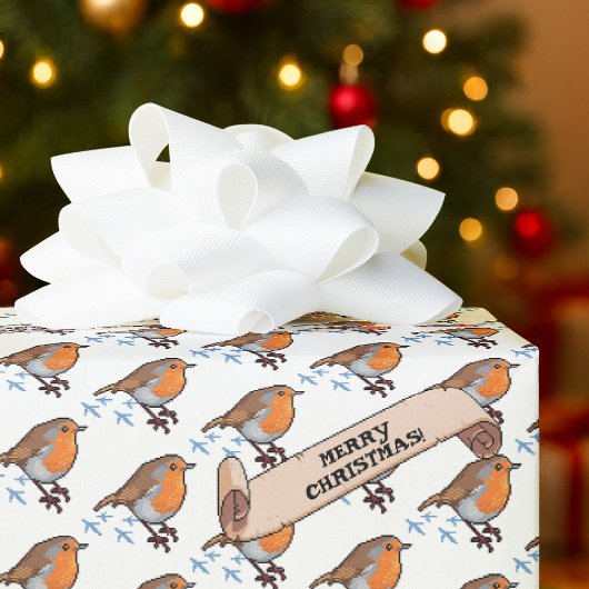 Cute Robin Merry Christmas 80s Retro Bird Pattern Geschenkpapier