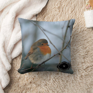 Cute Robin red breast bird monogrammed photo Kissen