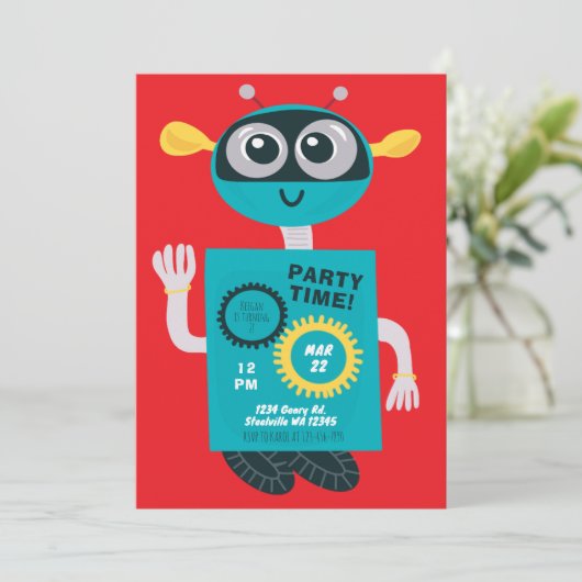Cute Robot Boys Second Birthday Invitation Einladung (Stehend Vorderseite)