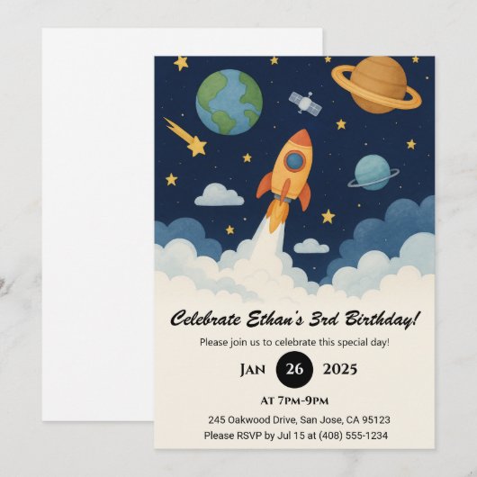 Cute Rocket & Planet Space Art Birthday  Einladung (Vorne/Hinten)