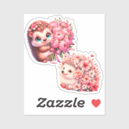  Cute Romantic Floral Hedgehog Duo Illustration Aufkleber