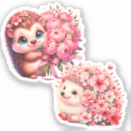  Cute Romantic Floral Hedgehog Duo Illustration Aufkleber