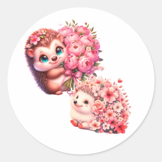 Cute Romantic Floral Hedgehog Duo Illustration Runder Aufkleber (Vorderseite)