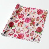 Cute Romantic Red & Pink Watercolor Love Pattern Geschenkpapier (Ungerollt)