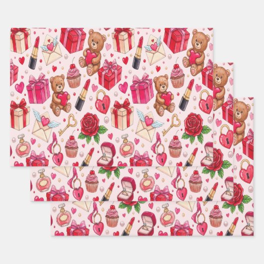 Cute Romantic Red & Pink Watercolor Love Pattern Geschenkpapier Set (Set)