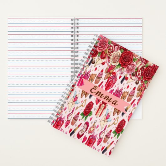 Cute Romantic Red & Pink Watercolor Love Pattern Notizblock (Innen)