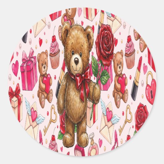 Cute Romantic Red & Pink Watercolor Love Pattern Runder Aufkleber (Vorderseite)