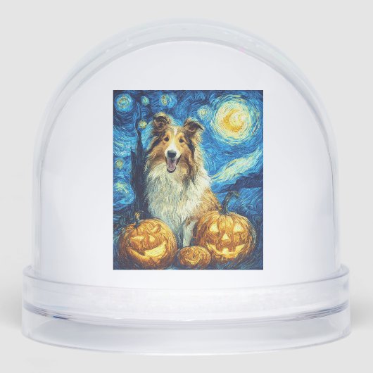 Cute Rough Collie Dog Halloween Jack O Lantern Pum Schneekugeln (Vorderseite)