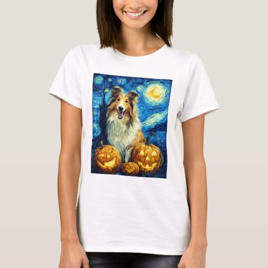 Cute Rough Collie Dog Halloween Jack O Lantern Pum T-Shirt (Vorderseite)