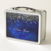 Cute royal blue black faux glitter personalized metall brotdose (Rückseite)