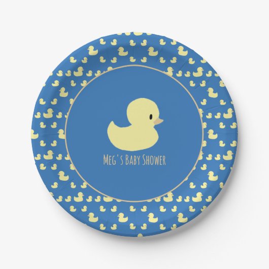 Cute Rubber Duck Modern Blue Baby Shower Pappteller (Vorderseite)
