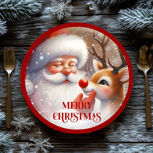 Cute Rudolph and Santa Kids Holiday Paper Plates Pappteller