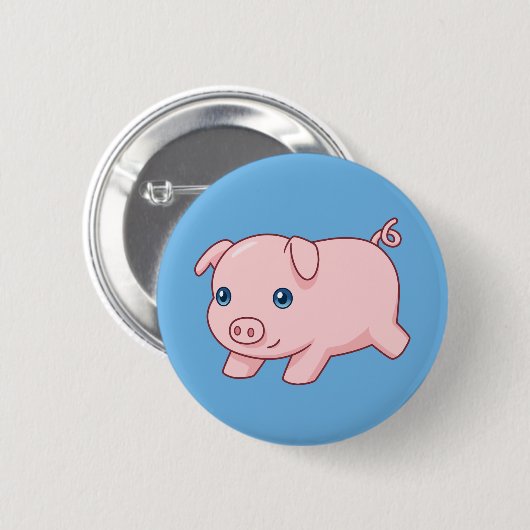Cute Running Piglet Pig on Blue Button (Vorne & Hinten)