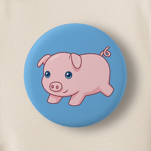 Cute Running Piglet Pig on Blue Button