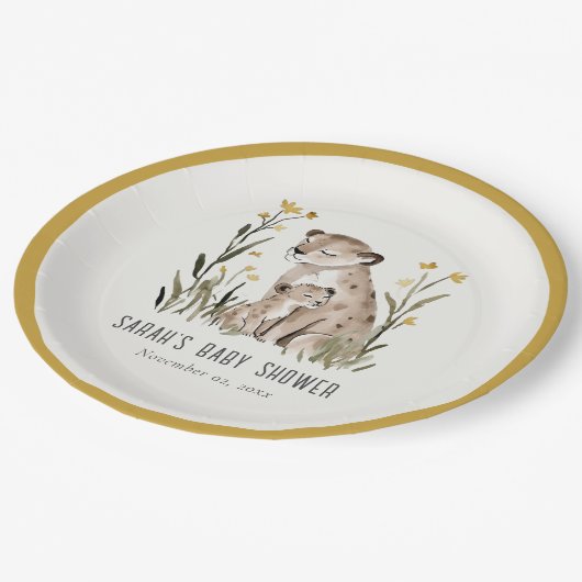 Cute Rustic Mum and Baby Tiger Foliage Baby Shower Pappteller (Schrägansicht)
