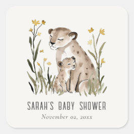 Cute Rustic Mum and Baby Tiger Foliage Baby Shower Quadratischer Aufkleber