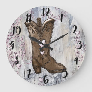 Cute Rustic Pink Cowgirl Heart Boots Farmhouse Große Wanduhr