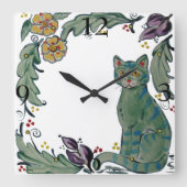 Cute Rustic Teal Cat Kitten Floral Folk Quadratische Wanduhr (Vorderseite)