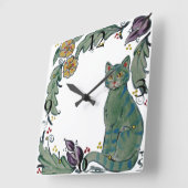 Cute Rustic Teal Cat Kitten Floral Folk Quadratische Wanduhr (Winkel)