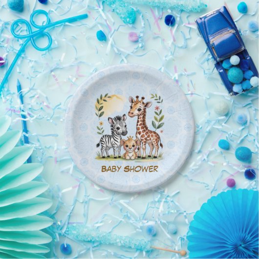 Cute Safari Animal Trio Boy Baby Shower Pappteller (Party)