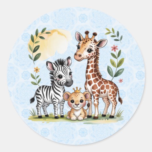 Cute Safari Animal Trio Boy Baby Shower Runder Aufkleber (Vorderseite)