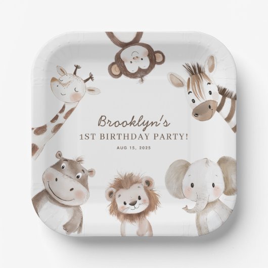 Cute Safari Animals Boy Birthday Party Kids Pappteller (Vorderseite)