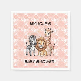 Cute Safari Animals Pink Florals Girl Baby Shower Serviette