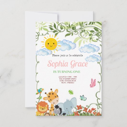 Cute Safari Animals primer cumpleaños Einladung (Vorderseite)