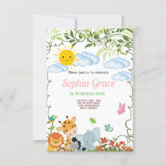 Cute Safari Animals primer cumpleaños Einladung