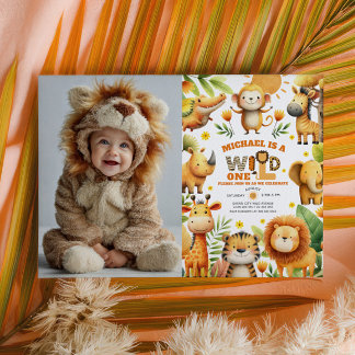 Cute Safari Animals WILD ONE 1st Birthday Photo Einladung