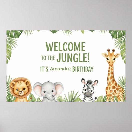 Cute Safari Baby Animals Welcome Birthday Poster (Vorne)