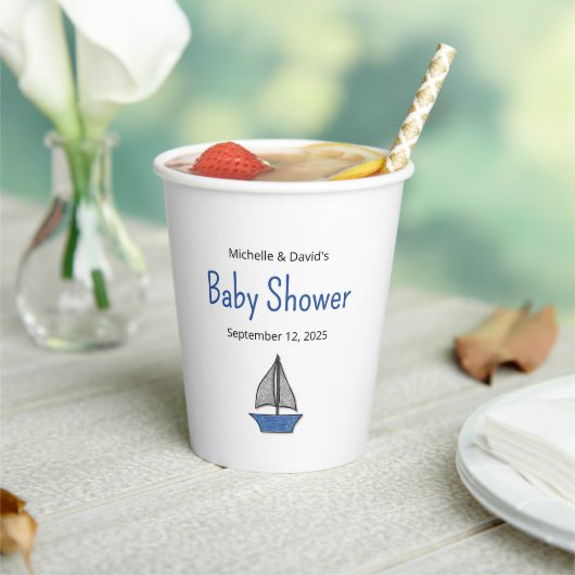Cute Sailboat Nautical Baby Boy Couples Shower Pappbecher (In Situ)