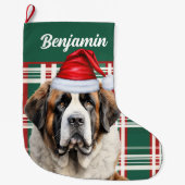 Cute Saint Bernard Dog Plaid Custom Großer Weihnachtsstrumpf (Vorderseite)