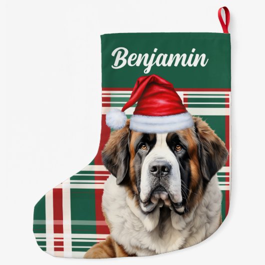 Cute Saint Bernard Dog Plaid Custom Großer Weihnachtsstrumpf (Rückseite)