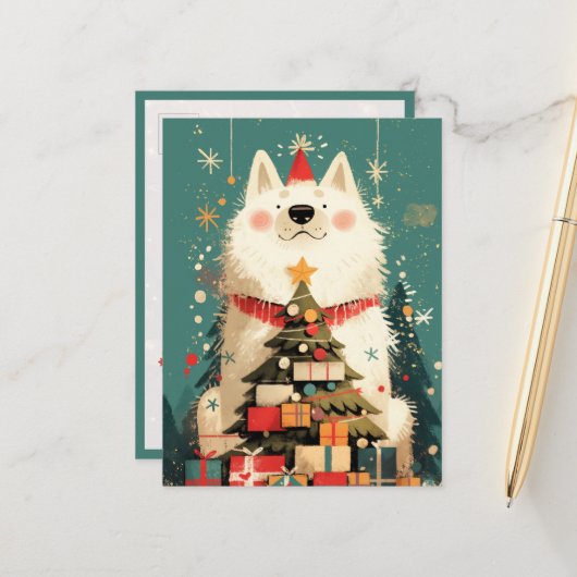 Cute Samoyed dog with Christmas Postkarte (Vorderseite/Rückseite Beispiel)