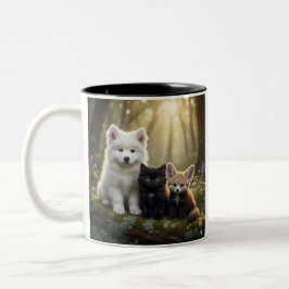  Cute Samoyed puppy and black kitten Mug Zweifarbige Tasse