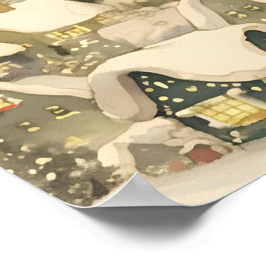 Cute Santa and Reindeer Flying Over Snowy Village Poster (Ecke)