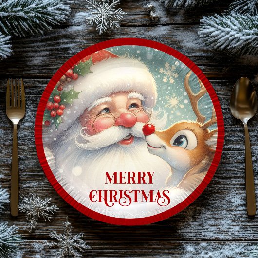 Cute Santa and Rudolph Cartoon Christmas Plates Pappteller