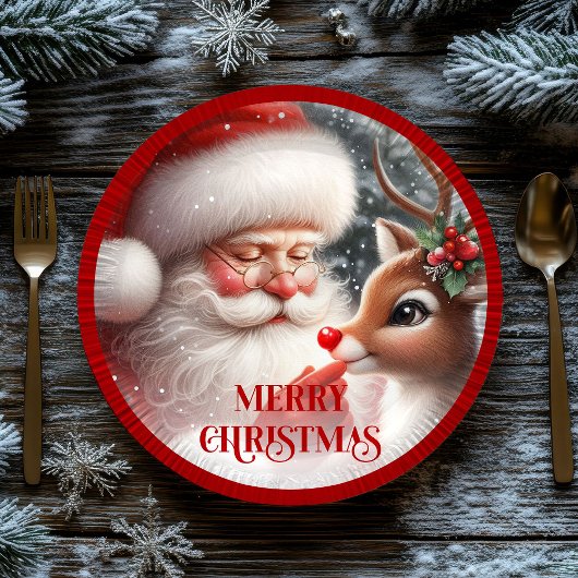 Cute Santa and Rudolph Kids Christmas Dinner Plate Pappteller