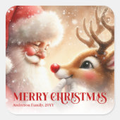 Cute Santa and Rudolph Personalized Holiday Kids  Quadratischer Aufkleber (Vorderseite)