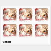 Cute Santa and Rudolph Personalized Holiday Kids Quadratischer Aufkleber (Blatt)