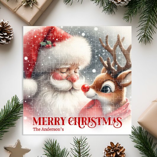 Cute Santa and Rudolph Personalized Xmas Kids Gift Puzzle