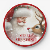 Cute Santa Claus and Rudolph Funny Holiday Paper Pappteller (Vorderseite)