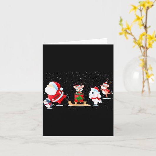 Cute Santa Claus Ice Skating With Friends - Family Karte (Gelbe Blume)