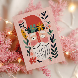 Cute Santa Claus Retro Floral Pink Merry Christmas Postkarte