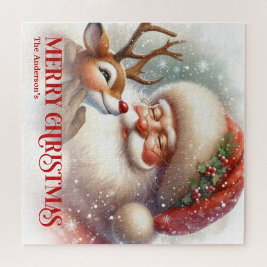 Cute Santa Claus Rudolph Personalized Holiday Kids Puzzle (Horizontal)