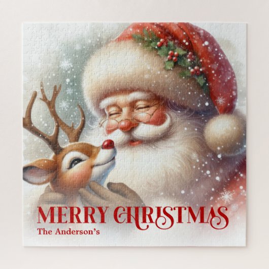 Cute Santa Claus Rudolph Personalized Holiday Kids Puzzle (Vertikal)