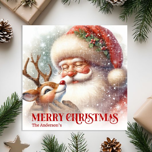 Cute Santa Claus Rudolph Personalized Holiday Kids Puzzle
