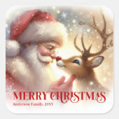 Cute Santa Claus Rudolph Personalized Holiday Kids Quadratischer Aufkleber (Vorderseite)
