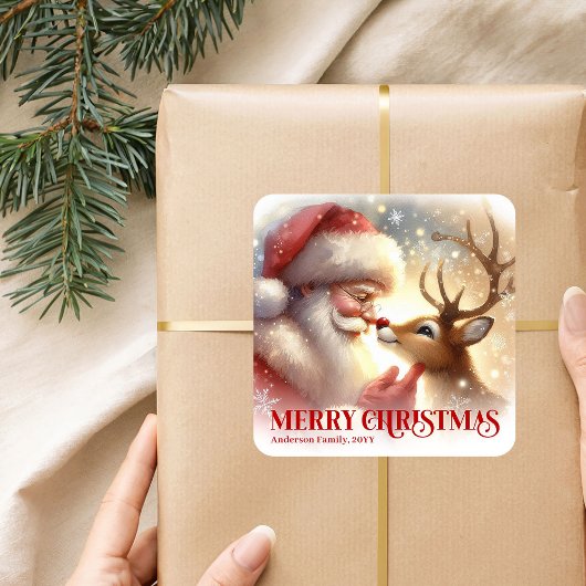 Cute Santa Claus Rudolph Personalized Holiday Kids Quadratischer Aufkleber